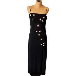 VTG Y2K 90s Black Dress Formal Spaghetti Strap Pink Floral Beading Whimsigoth 10
